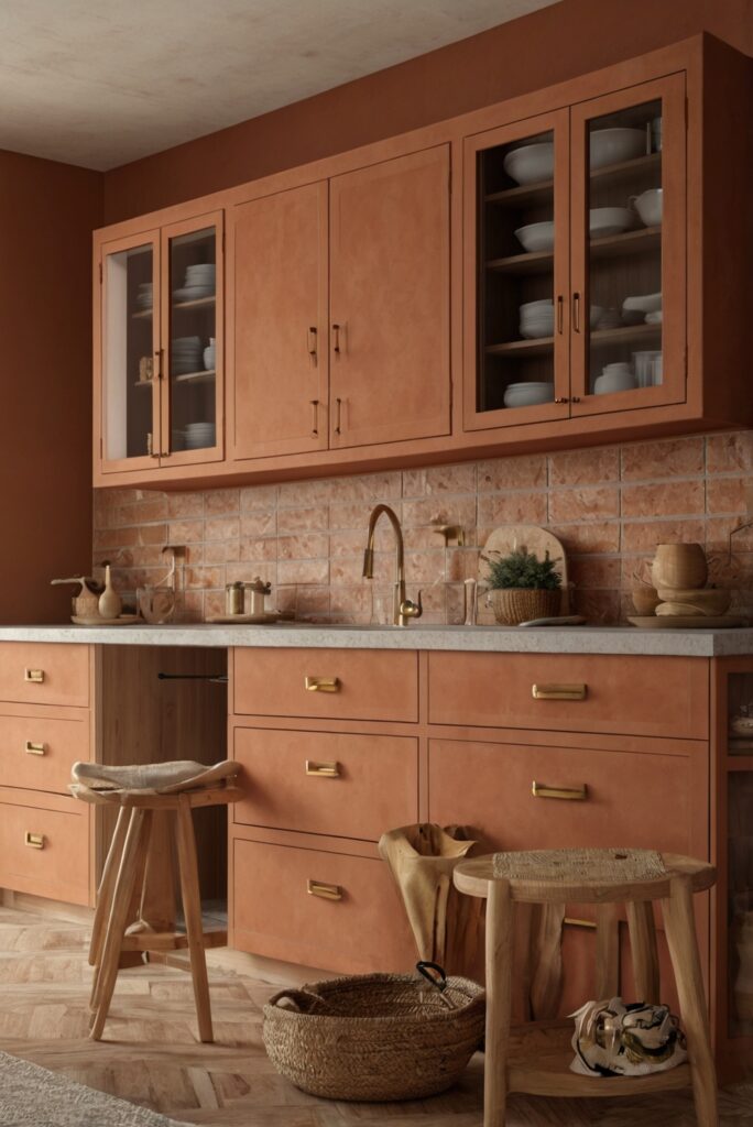 Terracotta painted cabinets, Rustic cabinet transformation, Terracotta kitchen makeover, DIY cabinet painting, Rustic home decor, Farmhouse cabinet ideas, Cabinet refinishing techniques home decorating, home interior design, interior design space planning, kitchen designs, living room interior, designer wall paint, home paint colors