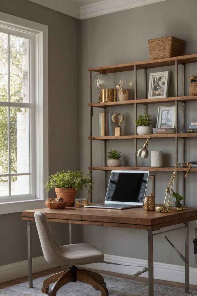 floating desk, small home office, compact workspace, ergonomic furniture, space-saving desk, minimalist office design, productive work environment