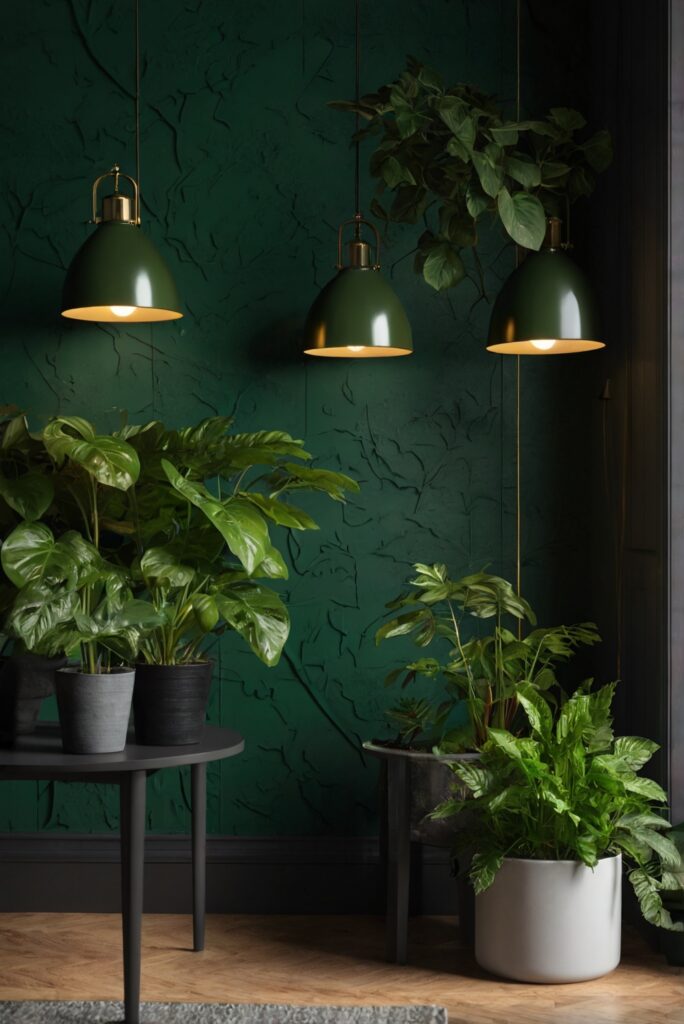 green interior design, nature-inspired decor, indoor plants, dark green walls, verdant decor, botanical interiors, natural home design