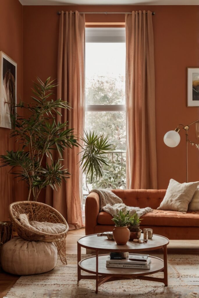 cozy living room, earthy tones, terracotta decor, interior design, home decor, color scheme, design inspiration