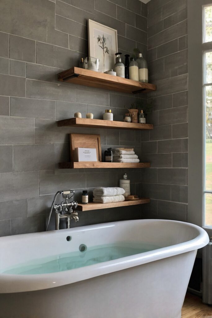 bathroom renovation,small bathroom remodel,small bathroom design,bathroom redesign,bathtub storage solution,bathtub shelf decor,bathroom storage design