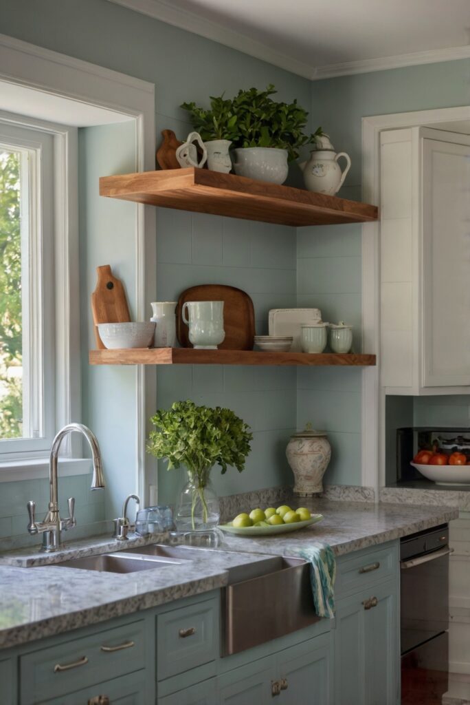 Floating shelves, Open kitchen cabinetry, Kitchen organization, Kitchen storage solutions, Kitchen design ideas, Space-saving kitchen storage, Modern kitchen shelving