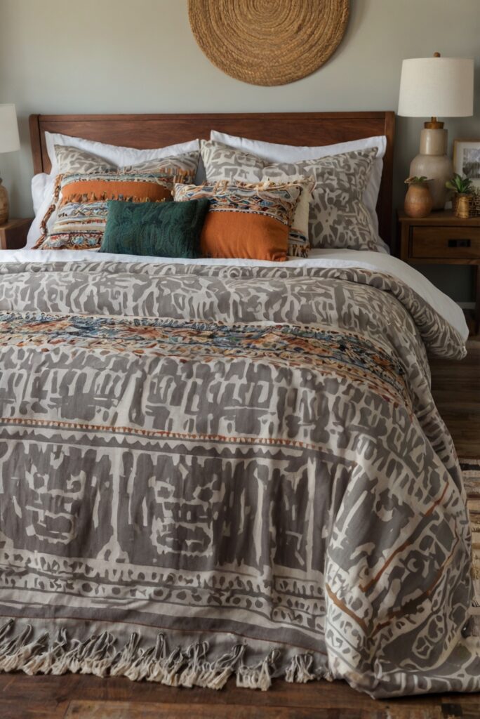 boho chic decor, boho bedding, vibrant bedding, bedroom decor, interior design, home decorating, space planning