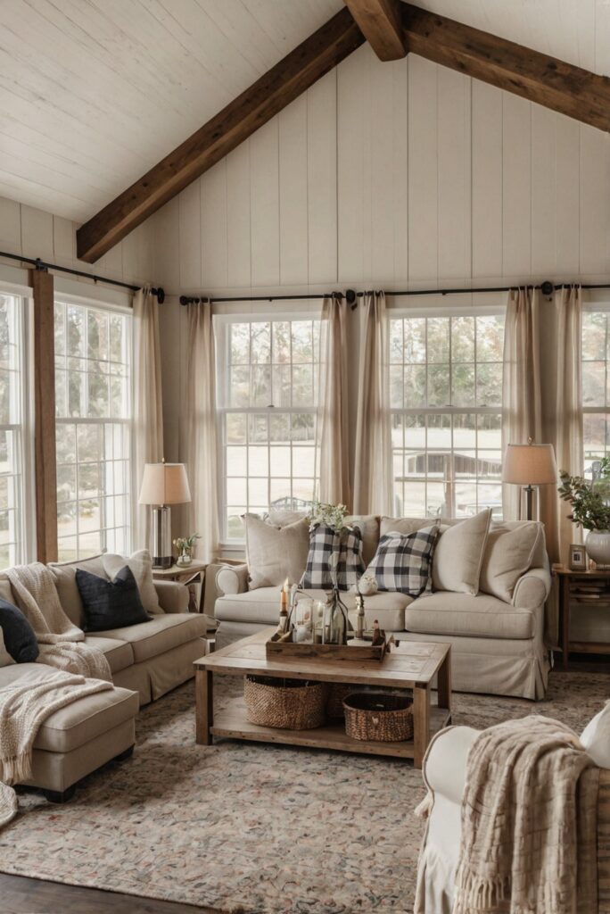 neutral sofa, living room decor, farmhouse style, modern farmhouse, interior design, home decor, space planning