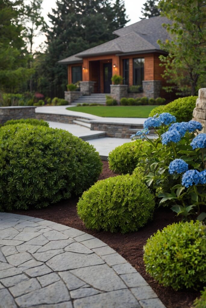 modern landscaping, driveway landscaping, green shrubs, blue flowers, modern driveway design, outdoor landscaping, contemporary garden design