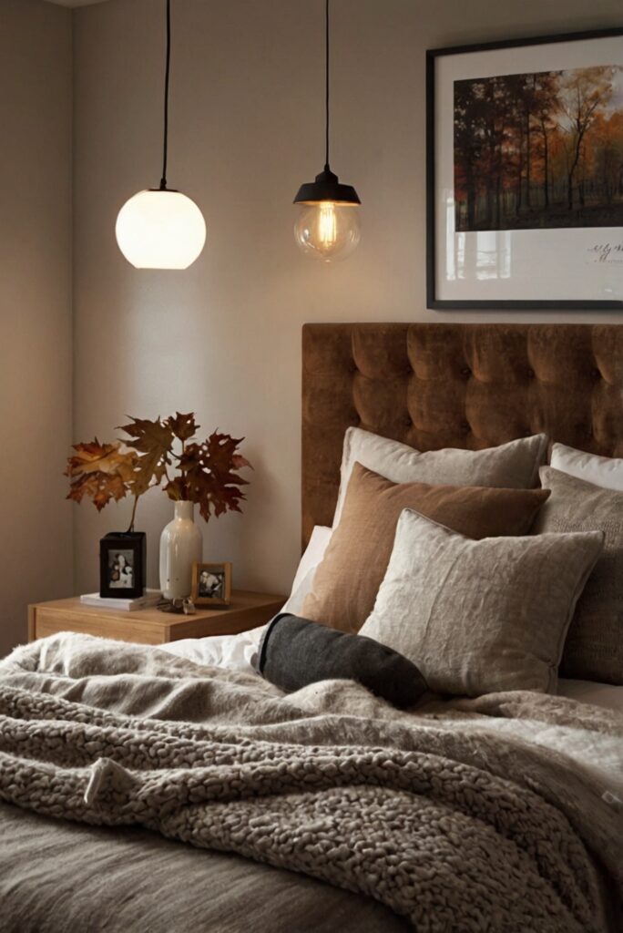 Fall bedroom decor, Stylish bedroom upgrade, Cozy bedding ideas, Elegant bedroom furniture, Warm lighting solutions