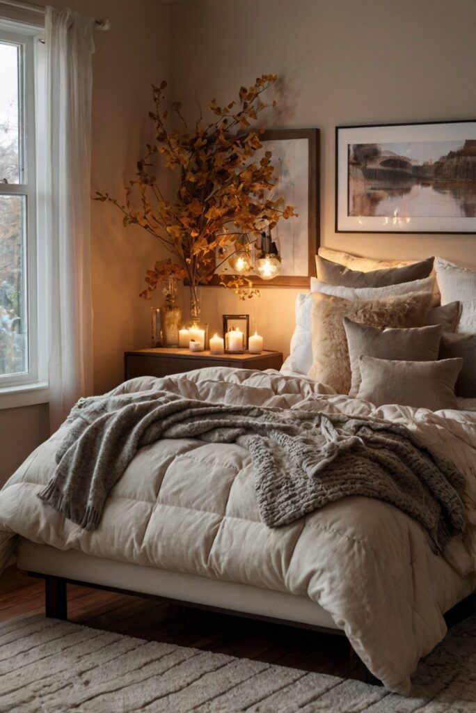 Fall bedroom decor, autumn cozy bedroom, elegant bedroom design, warm and inviting bedroom, luxurious bedroom retreat