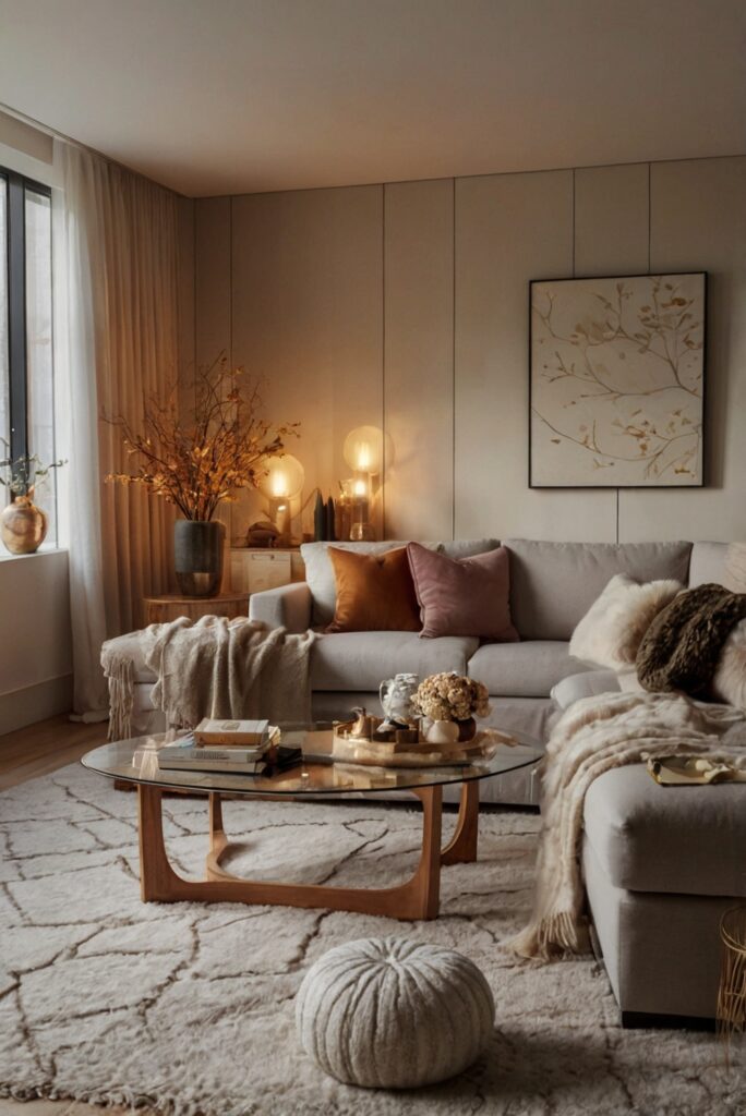 Stylish fall decor, Autumn home design, Cozy living room ideas, Elegant seasonal furniture, Modern fall accessories.