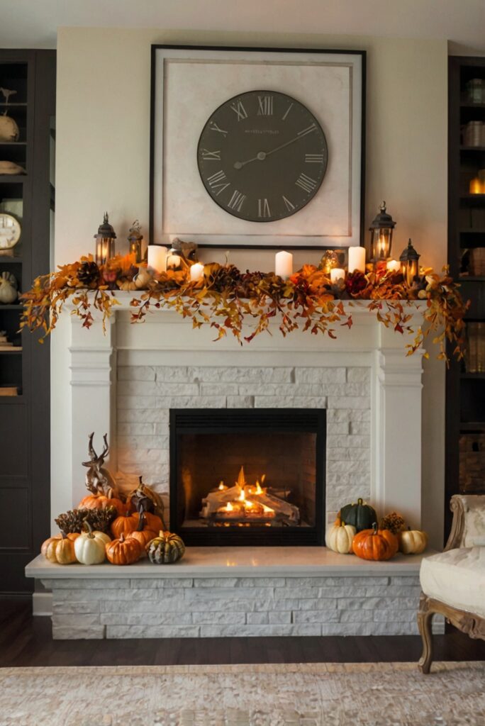 Fall Mantle Decor, Home Decor Ideas, Festive Fall Decor, Seasonal Home Decor, Cozy Autumn Decor