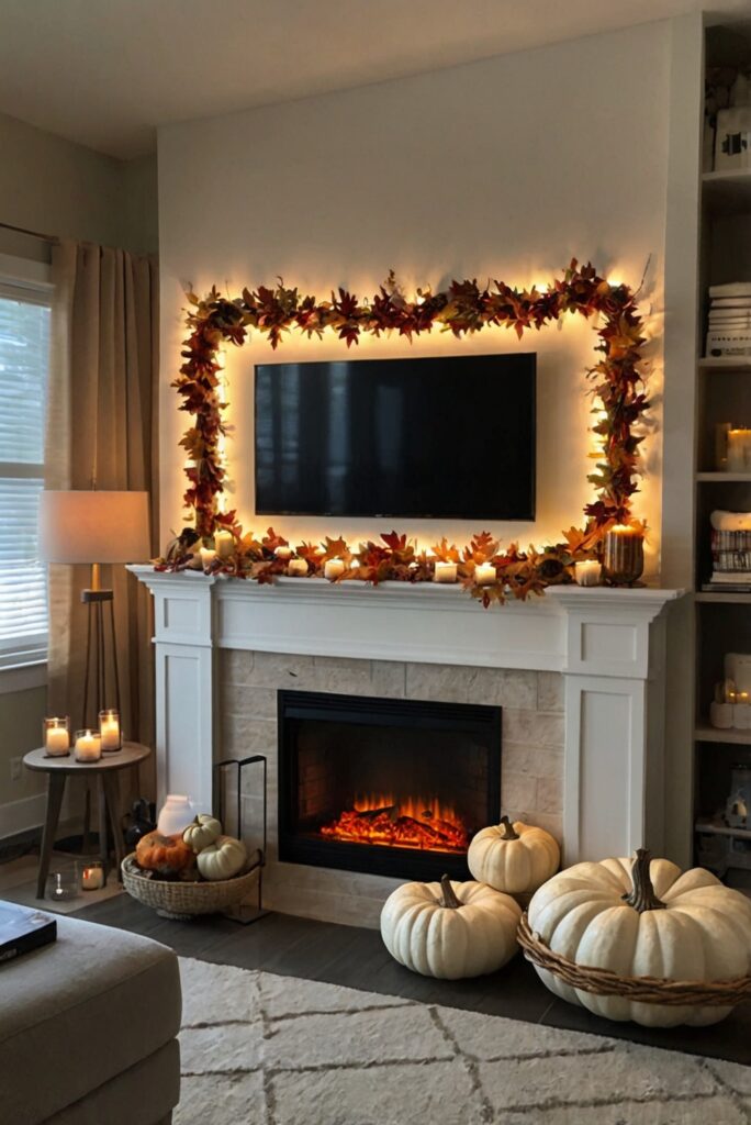 Fall mantel decor ideas, Fall mantel decorations, Fall mantel arrangements, Fall mantel garland, Fall mantel centerpiece