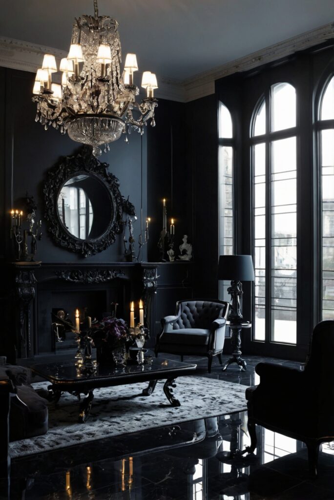 Gothic home decor, Dark elegance, Gothic living room, Elegant Gothic design, Goth-inspired interior