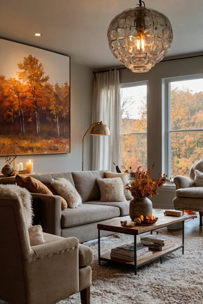 Fall living room decor, Cozy home decor, Autumn interior design, Seasonal room makeover, Warm fall accents