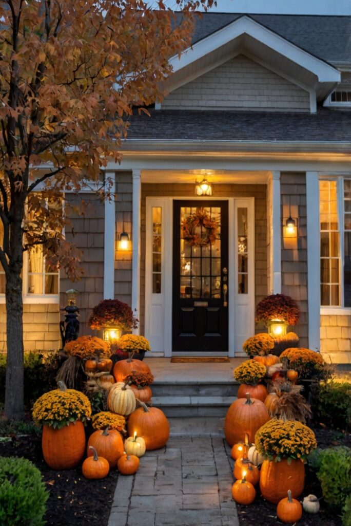 fall porch decor, autumn front porch, outdoor fall decorating, seasonal porch display, stylish fall entrance