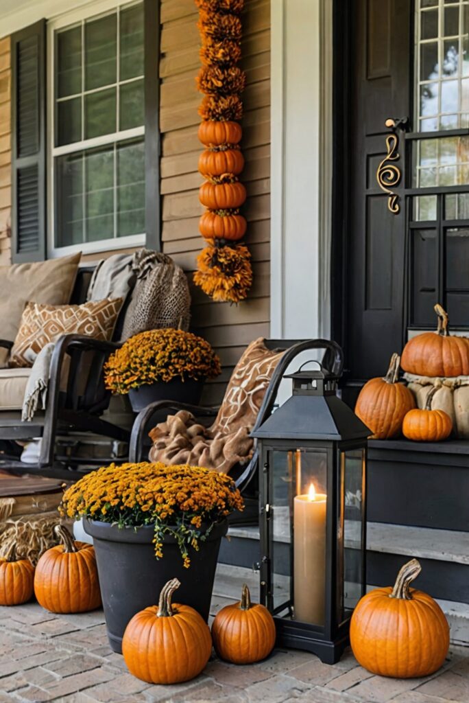 decorative porch sign, fall wreath, autumn doormat, porch pumpkin display, outdoor harvest decorations