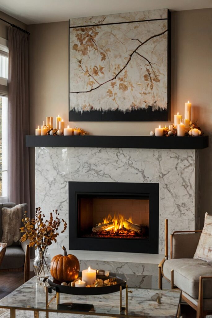 Fireplace renovation, Cozy autumn decor, Elegant hearth design, Modern chimney makeover, Stylish fire pit décor