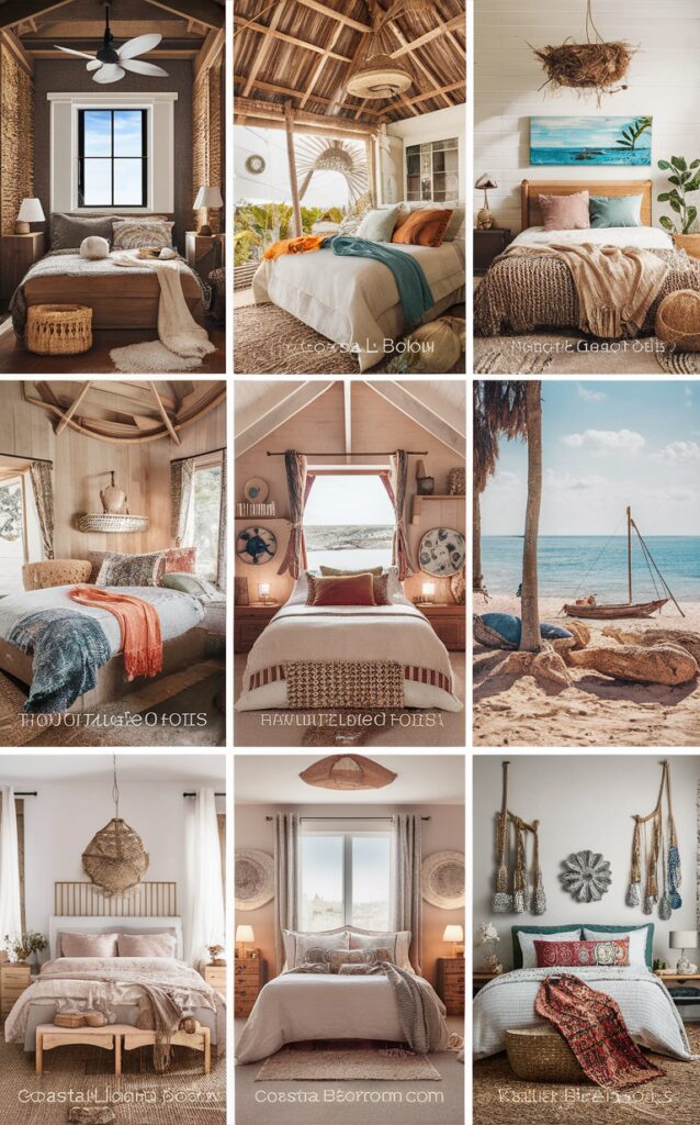 Coastal bedroom decor, Boho bedroom design, Earthy textures, Trendy bedroom ideas, Coastal chic decor