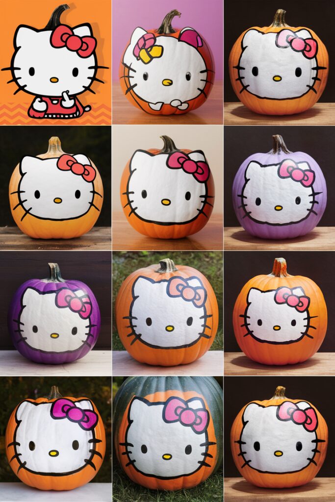 Hello Kitty Pumpkin, Hello Kitty Halloween Decor, Hello Kitty Pumpkin Painting, Pumpkin Painting Ideas, Halloween Decor Ideas