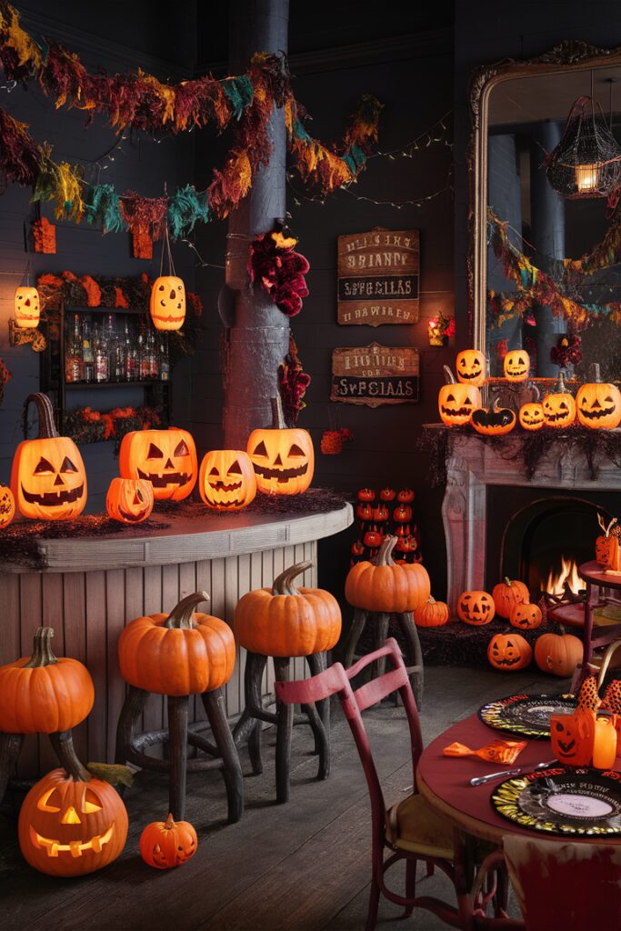 Fall Party Decor , Pumpkin Bar Design , Fall Event Inspiration , Halloween Party Setup , Autumn Themed Bar