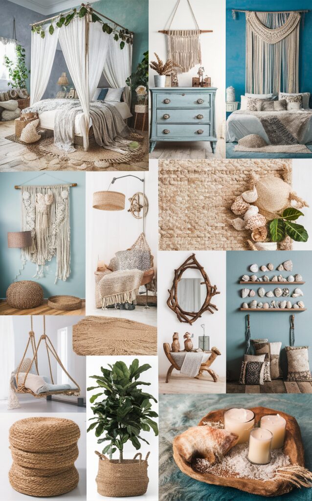 Coastal decor ideas, Boho chic bedroom, Rattan furniture, Beachy bedroom inspiration, Seaside interior design