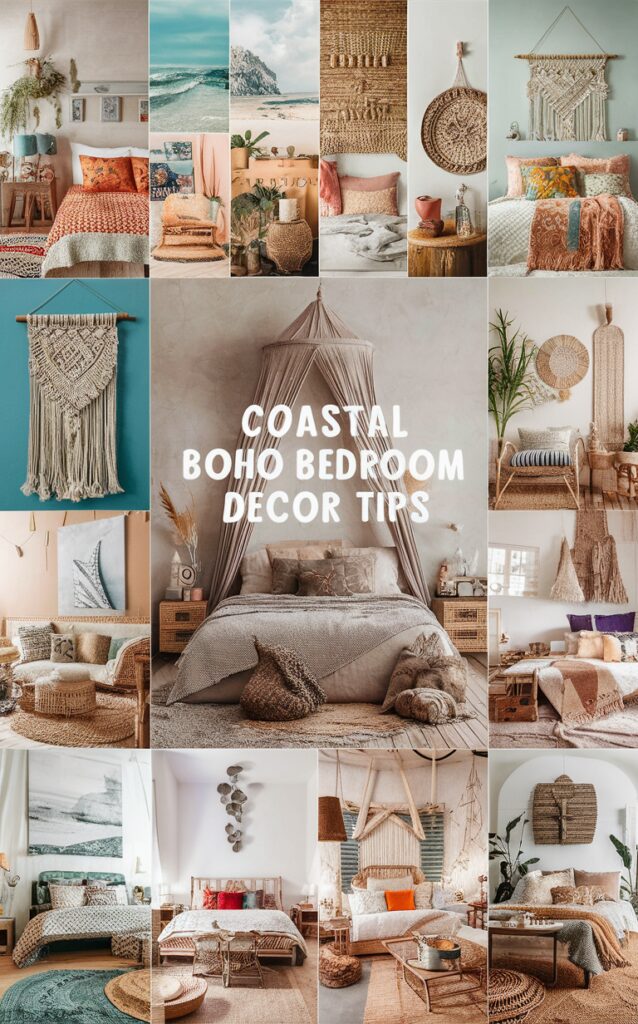 coastal bedroom decor, boho bedding, bohemian room, beach house style, coastal chic