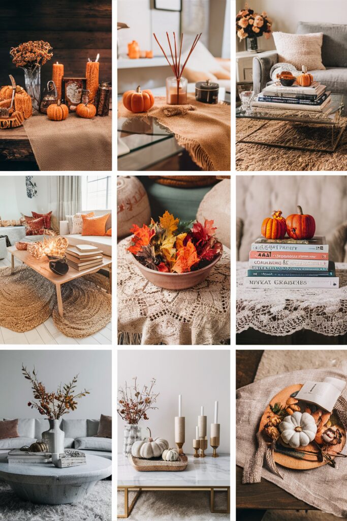 cozy home decor, autumn coffee table, stylish living room, modern interior design, elegant furniture