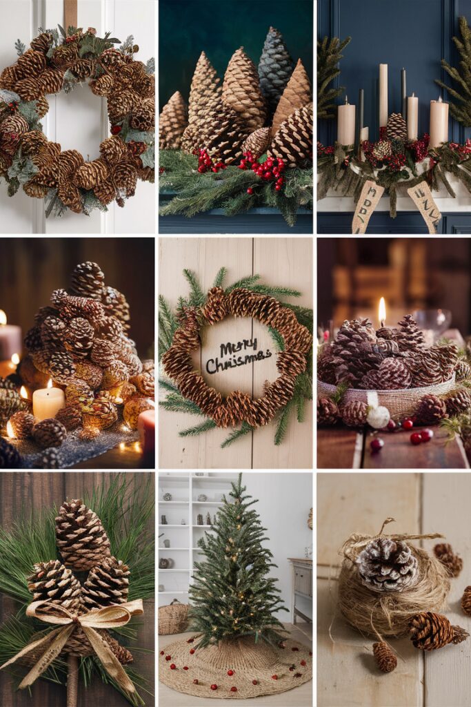 Pinecone Christmas decor, Christmas pinecone crafts, DIY pinecone decorations, Pinecone wreath ideas, Pinecone ornaments craft