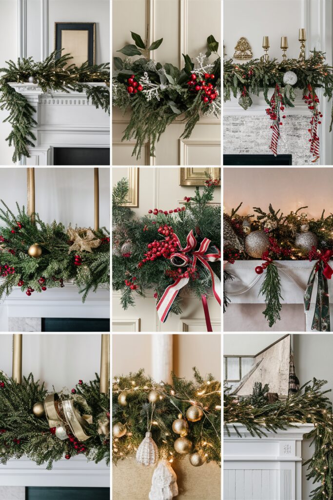 Garland decorating ideas, Christmas mantel decor, Holiday garland inspiration, Festive fireplace mantel, Seasonal mantel decorations