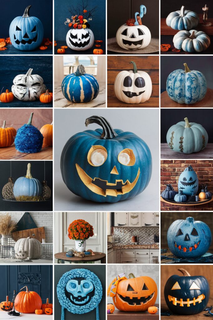 Stunning blue pumpkins, Trendy fall decor, Pumpkin decorating ideas, Unique pumpkin creations, Fall home decorations