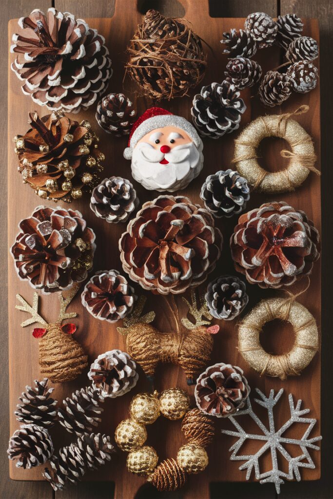 Christmas pinecone crafts, Pinecone Christmas tree, DIY pinecone decorations, Pinecone ornament ideas, Rustic pinecone crafts