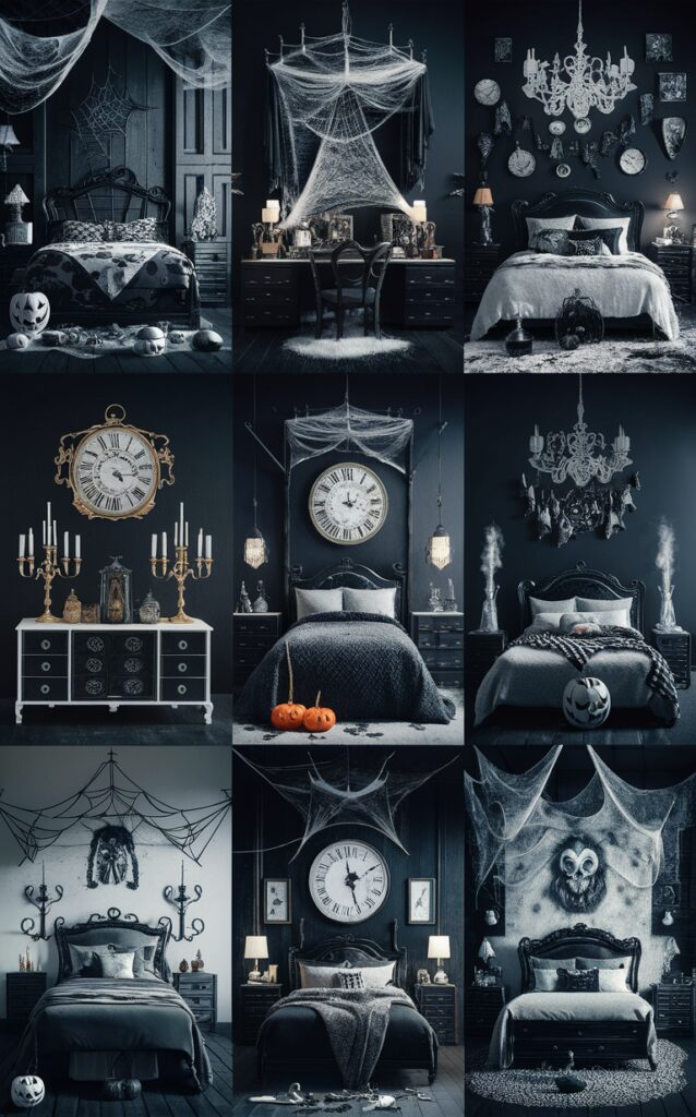 bedroom decor ideas, black and white halloween, halloween decor, trendy halloween decor, stylish bedroom decor