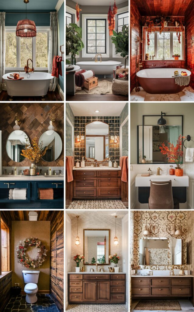 Fall bathroom decor, Fall bathroom design, Cozy bathroom ideas, Autumn bathroom inspiration, Warm bathroom interior