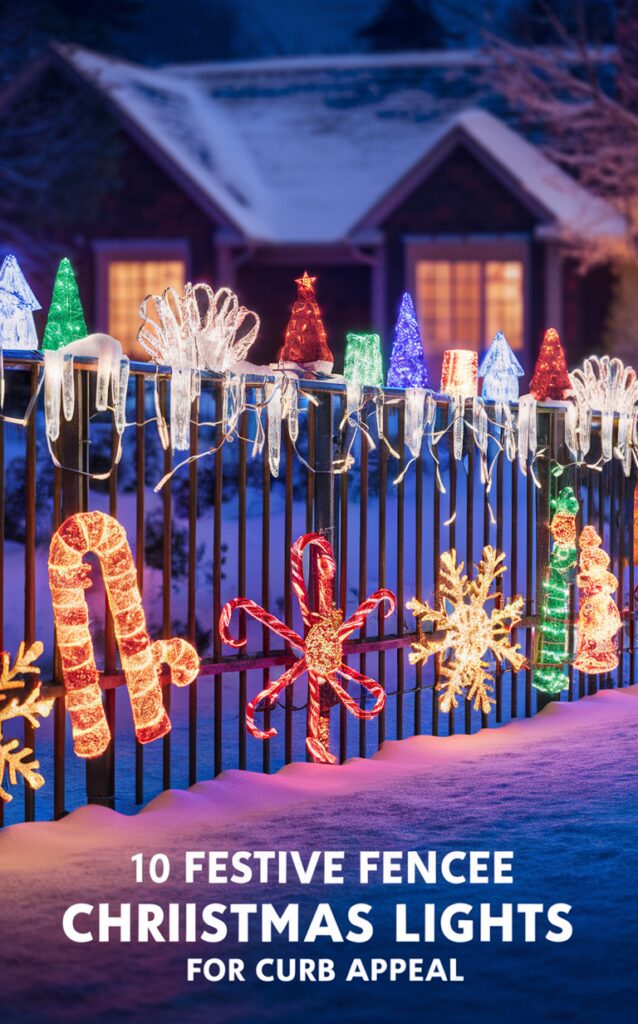 festive outdoor decor, Christmas light display, holiday lighting ideas, seasonal outdoor lighting, illuminated fence decorations