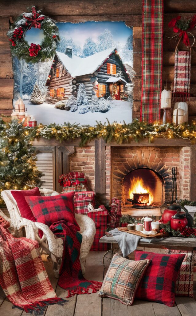 Rustic holiday decor, Plaid accents, Farmhouse Christmas decor, Cozy winter decorations, Vintage holiday styling