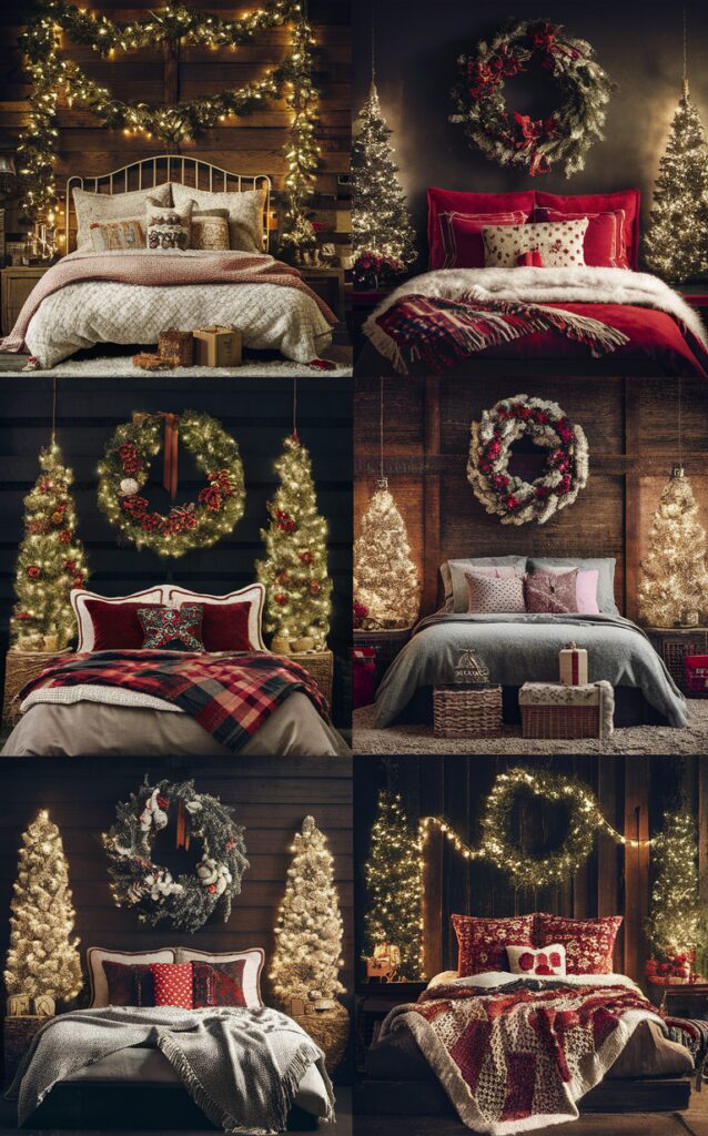 Christmas bedroom decor, festive bedroom design, holiday home decoration, cozy winter room, seasonal interior styling