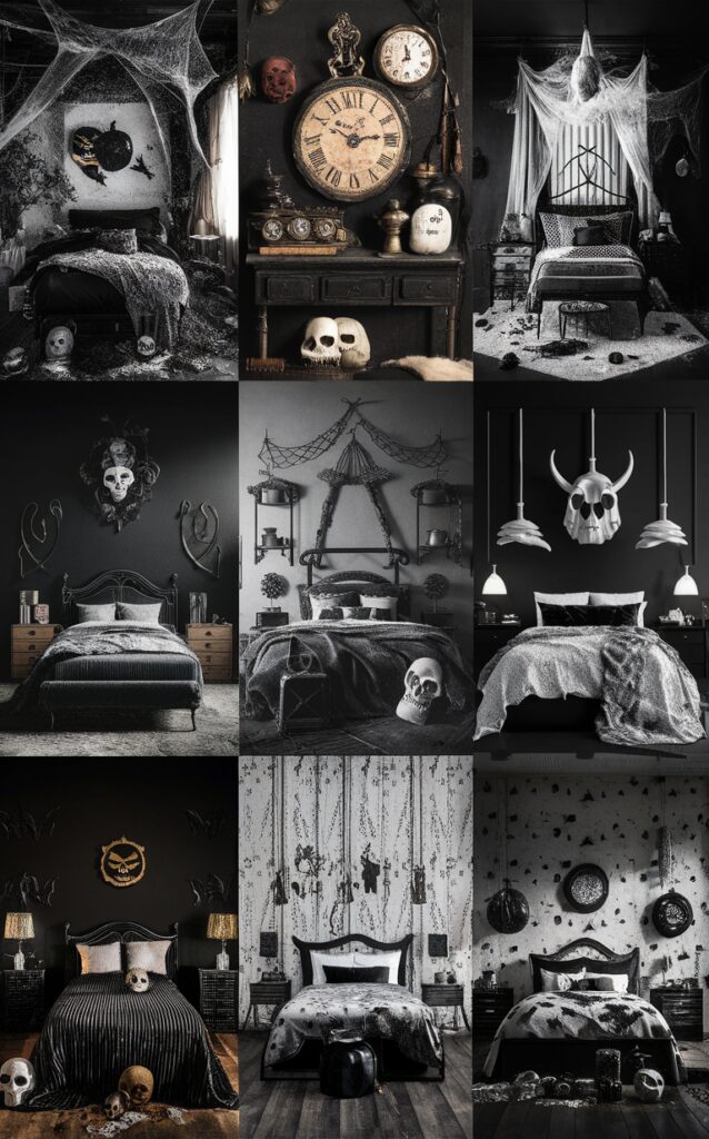 Halloween bedroom decor, Halloween bedroom ideas, Black and white Halloween decor, Spooky bedroom ideas, Halloween bedroom theme