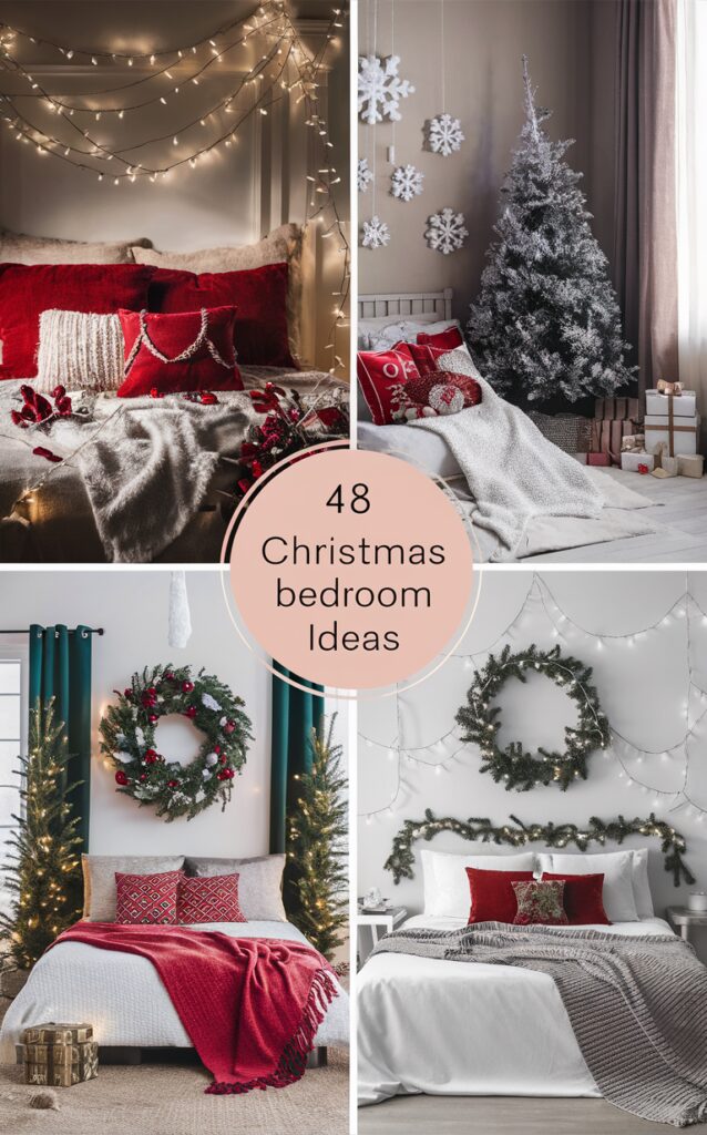 Christmas bedroom decor ideas, festive bedroom decorations, holiday-themed bedroom, seasonal bedroom design, winter bedroom aesthetic