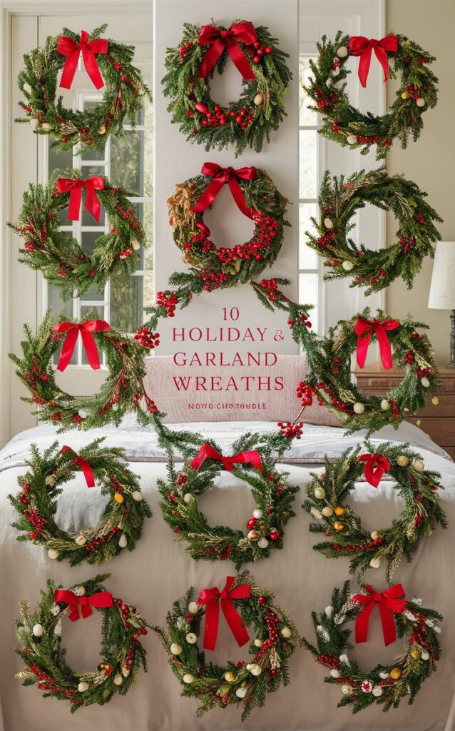 Bedroom decor ideas, Outdoor holiday garlands, Festive room decorations, Christmas wreath inspiration, Seasonal home accents