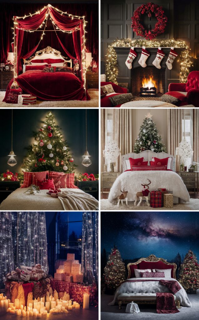 luxury bedroom decor, Christmas room decoration, elegant holiday decorations, festive bedroom design, upscale Christmas interiors