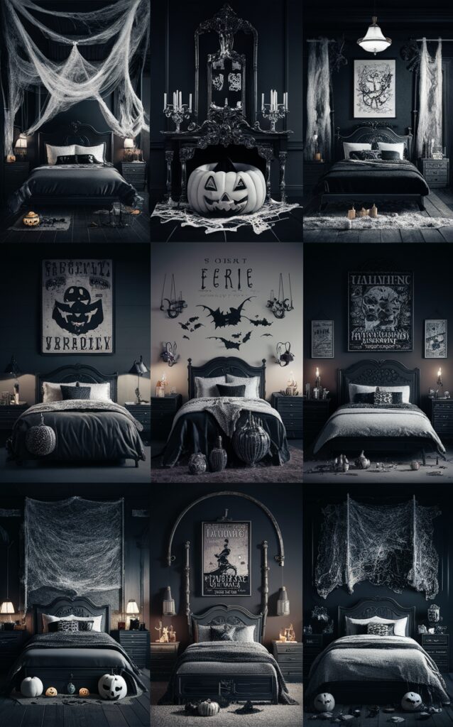 Halloween home decor, Spooky bedroom ideas, Gothic interior design, Monochrome Halloween, Creepy room decor