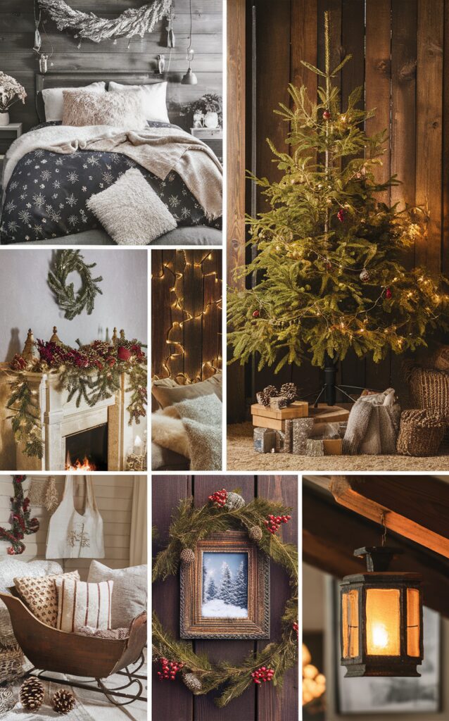 rustic Christmas decor, farmhouse Christmas decorations, cozy Christmas bedroom, holiday bedroom ideas, rustic holiday home décor