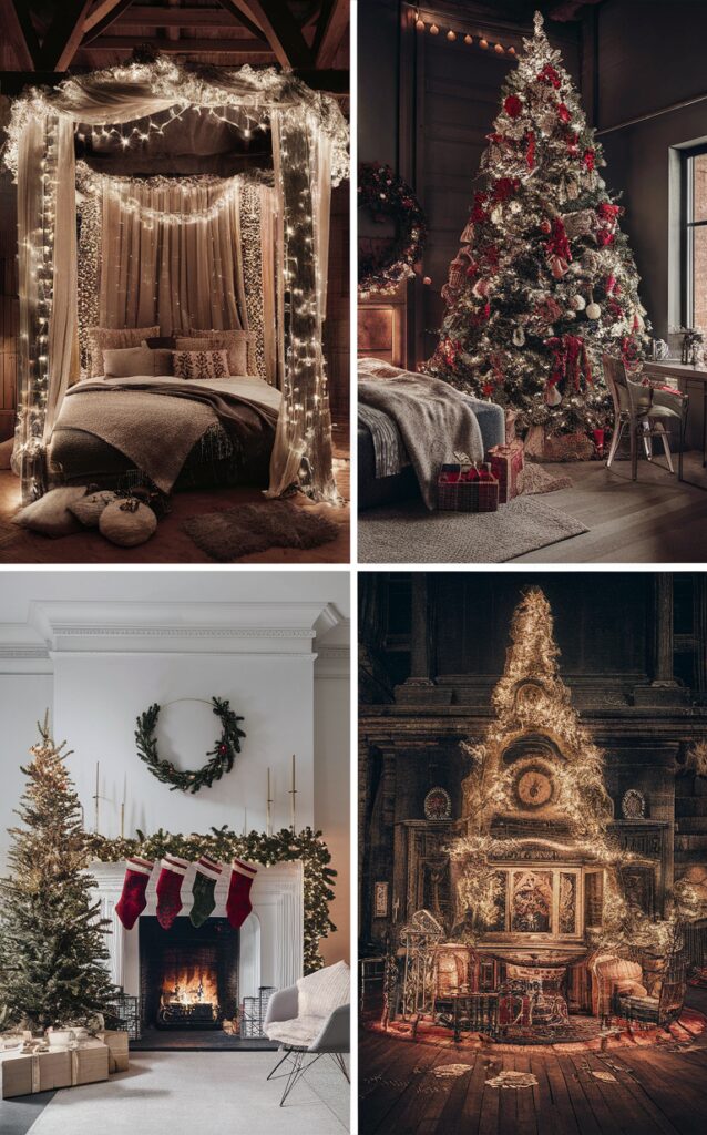 Christmas bedroom decor, holiday home decoration, festive bedroom ideas, winter bedroom makeover, seasonal interior design