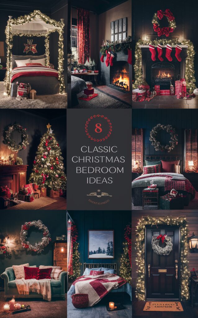 Christmas bedroom decor, Festive bedroom ideas, Holiday bedroom decorating, Seasonal bedroom decorations, Traditional Christmas bedroom