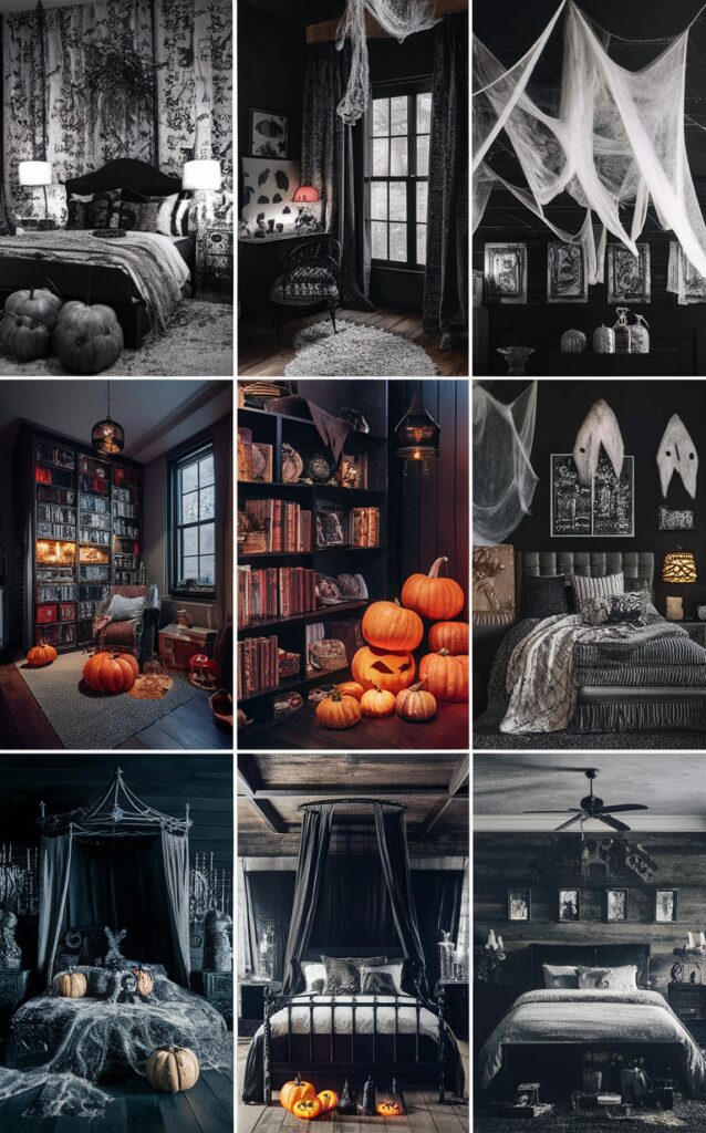 Halloween decor ideas, Halloween bedroom decor, spooky bedroom ideas, eerie bedroom decor, haunted bedroom design