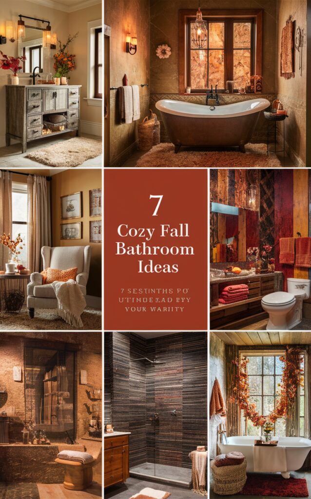 Cozy bathroom decor, Bathroom renovation ideas, Fall bathroom color schemes, Warm bathroom lighting, Autumn bathroom accessories