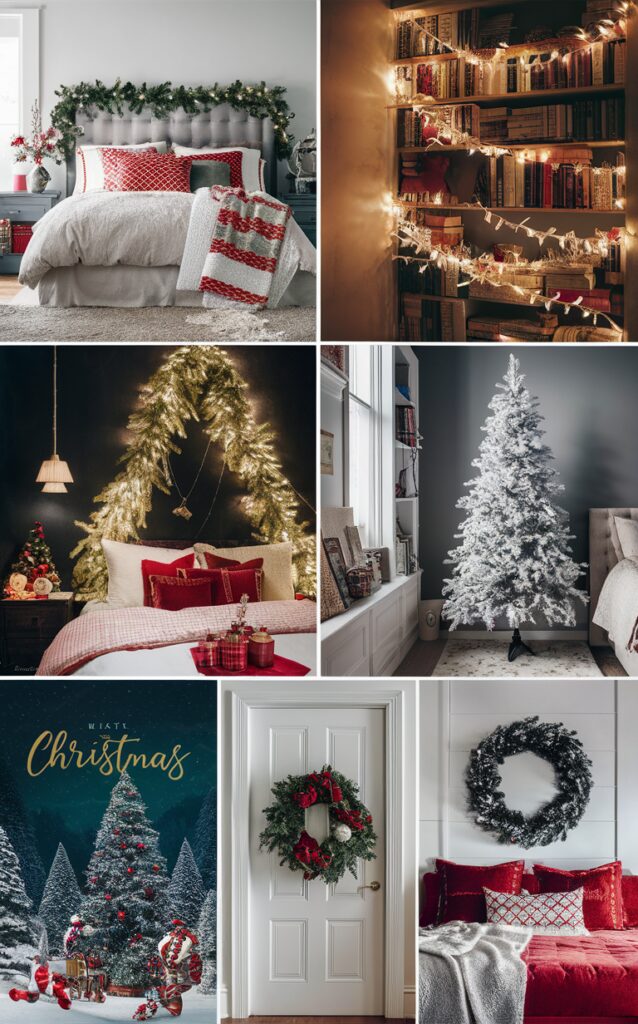 Christmas bedroom decor ideas, Christmas bedroom decorating, festive bedroom decorations, luxury Christmas bedroom, stylish holiday bedroom