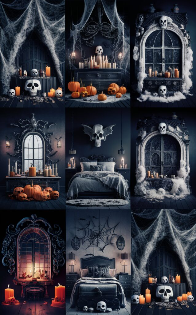 Black and White Halloween Decor, Spooky Bedroom Ideas, Gothic Bedroom Design, Haunted Bedroom Decor, Halloween Room Inspiration