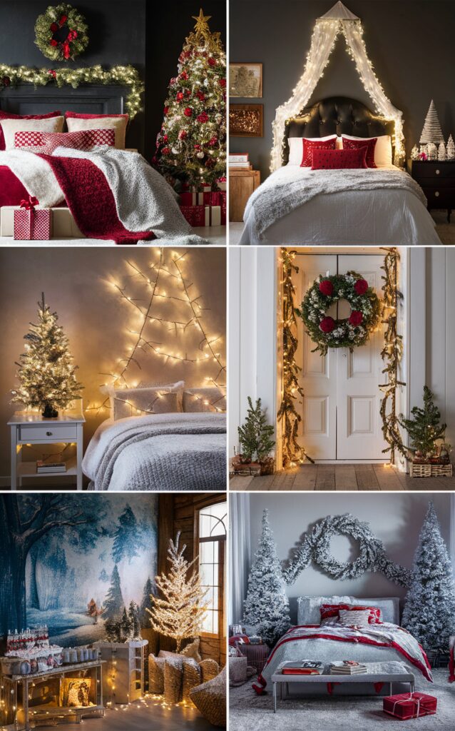 festive bedroom decor, Christmas decorating, holiday bedding, cozy bedroom ideas, winter room makeover