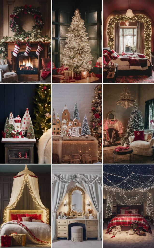 Christmas bedroom decor ideas, festive holiday bedroom decor, winter bedroom decoration, cozy Christmas bedroom, elegant holiday room design