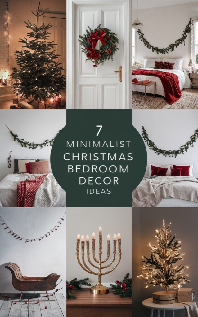 minimalist Christmas bedroom decor, cozy holiday bedroom, Scandinavian Christmas room, modern holiday decorating, chic winter bedroom