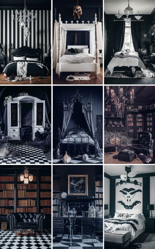 Halloween bedroom decor, Black and white decoration, Spooky bedroom design, Haunted bedroom ideas, Ghostly bedroom theme